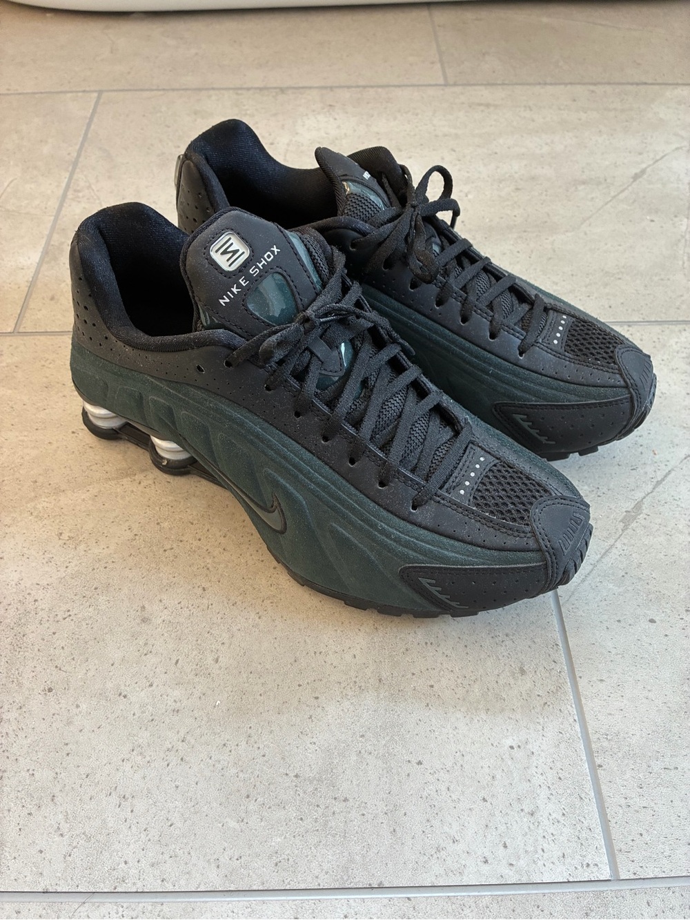 Nike Women’s Shox R4 Sneakers in Black and Dark Green